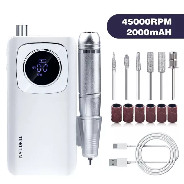 Rechargeable Cordless Nail Drill 45000rpm M4/White