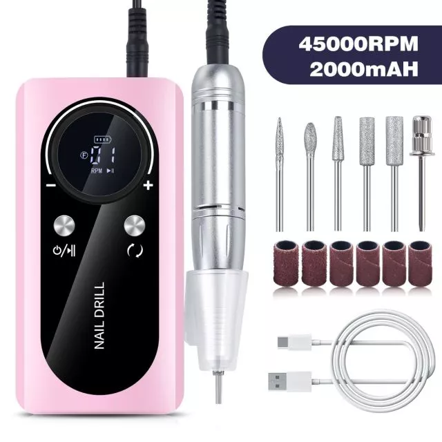 Rechargeable Cordless Nail Drill 45000rpm M2/Pink
