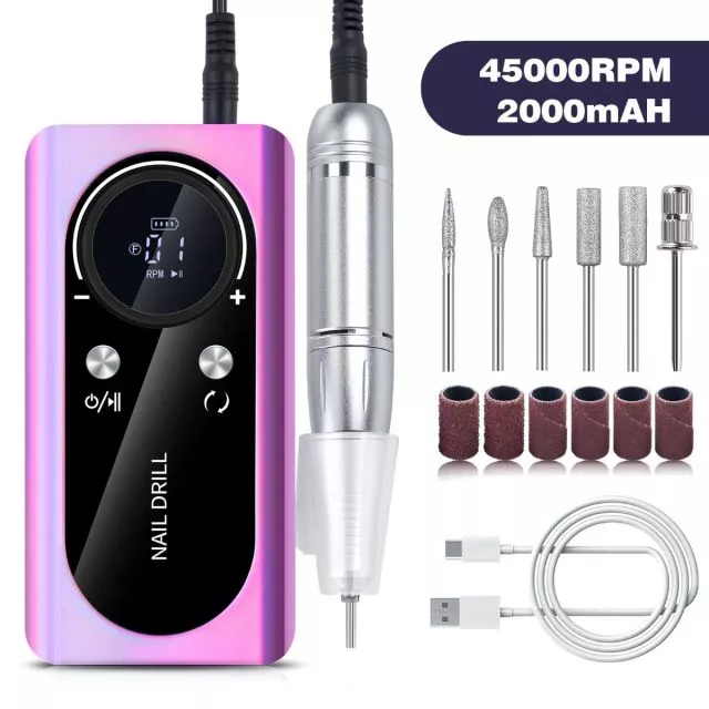 Rechargeable Cordless Nail Drill 45000rpm M2/Purple