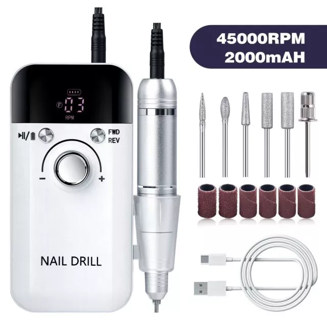 Rechargeable Cordless Nail Drill 45000rpm M6/White